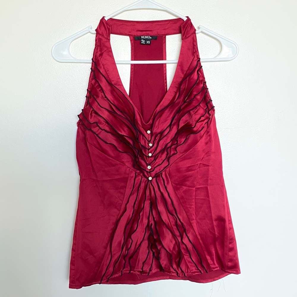 Satin Maroon Halter Ruffle Top - Picture 3 of 11